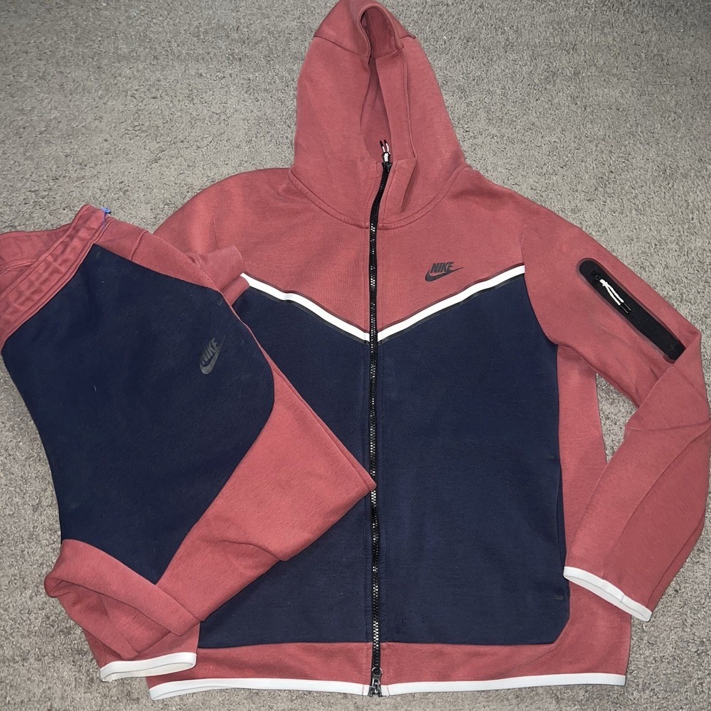 Nike Sportswear Tech Fleece Full Zip Hoodie & Joggers Set Red/blue Large